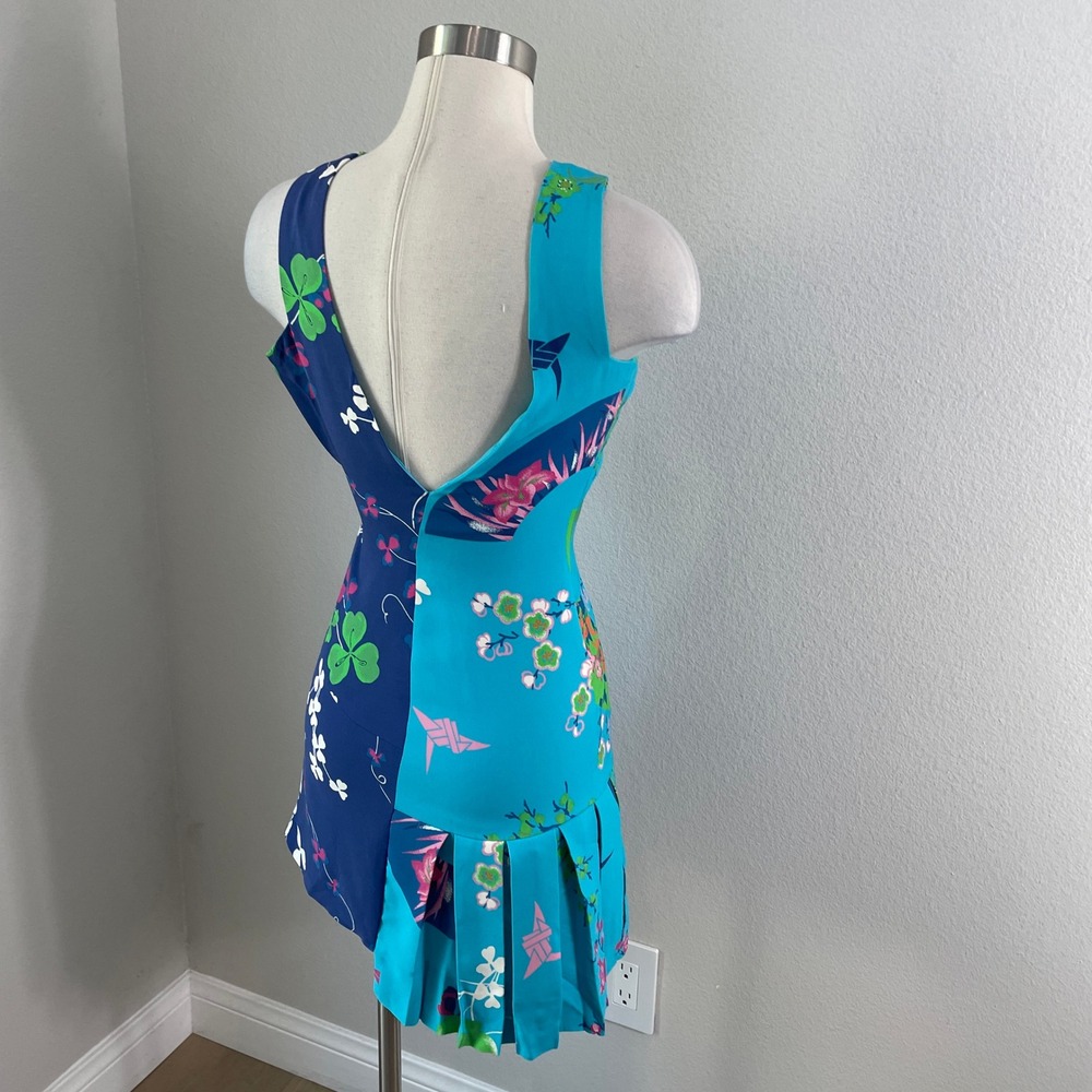 Versace H&M Womens 2 Blue Floral 100% Silk Mini Dress Pleated Gold Button - Picture 9 of 11